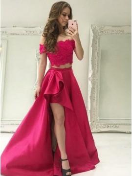 High Low Two Piece Off-the-Shoulder Split Long Prom Dress with Pockets