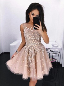 A-Line Round Neck Above-Knee Pink Prom Homecoming Dress with Appliques Beading