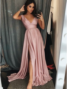 A-Line V-Neck Sweep Train Pink Satin Prom Dress with Split