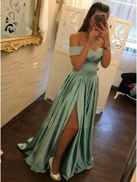A-Line Off-the-Shoulder Turquoise Slit Leg Prom Dress with Pleats
