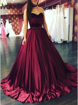 Ball Gown Sweetheart Sweep Train Burgundy Satin Prom Dress with Pleats
