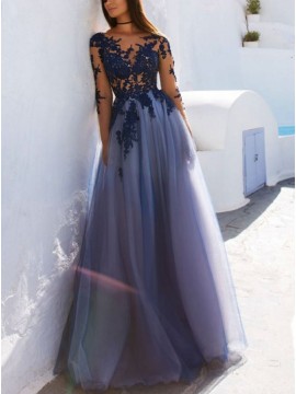 A-Line Long Sleeves Open Back Blue Prom Dress with Appliques