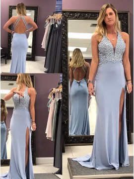 Sheath V-Neck Backless Slit Leg Beaded Sexy Blue Prom Dress