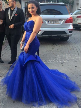 Mermaid Sweetheart Royal Blue Gorgeous Prom Dress with Tulle Train