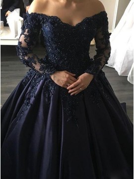 Ball Gown Off-the-Shoulder Long Sleeves Navy Blue Gorgeous Prom Dress 