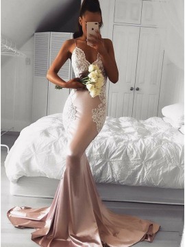 Mermaid Spaghetti Straps Pearl Pink Prom Dress with Appliques