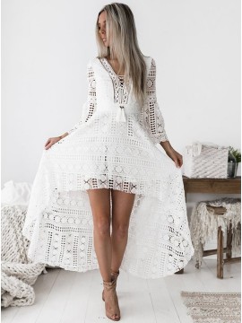 High Low V-Neck 3/4 Sleeves Short Gorgeous White Lace Prom Homecoming Dress