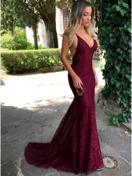 Mermaid Sexy V-Neck Backless Burgundy Lace Prom Dress with Sequins