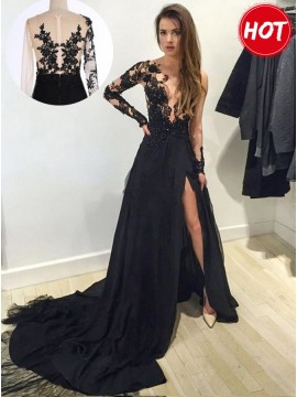 A-Line V-Neck Long Sleeves Split Leg Black Chiffon Prom Dress with Appliques