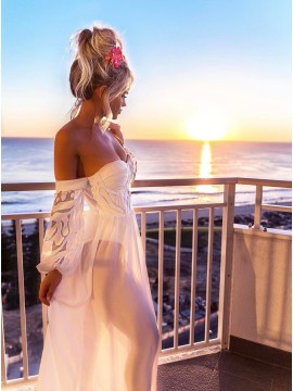 A-Line Off-the-Shoulder Long Sleeves Floor-Length White Chiffon Prom Dress with Lace