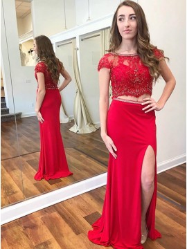 Two Piece Bateau Cap Sleeves Red Prom Dress with Beading Split