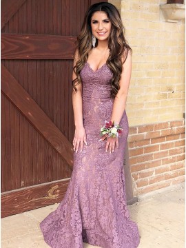 Mermaid V-Neck Floor-Length Lilac Lace Prom Dress with Beading
