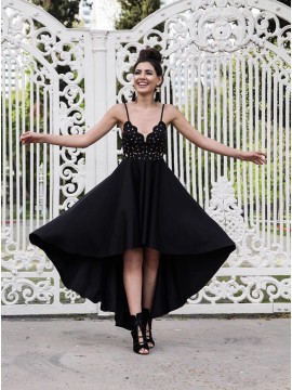 A-Line Spaghetti Straps High Low Black Prom Dress with Beading