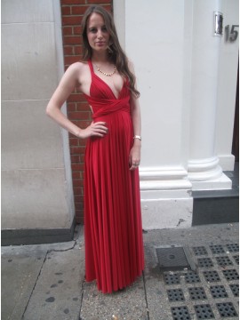A-Line Deep V-Neck Floor-Length Red Convertible Prom Dress with Pleats
