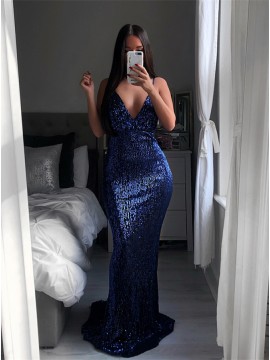 Mermaid Spaghetti Straps Backless Royal Blue Sequined Prom Dress