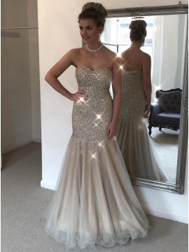Mermaid Sweetheart Floor-Length Silver Prom Dress with Beading