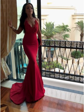 Mermaid Spaghetti Straps Sweep Train Red Prom Dress with Appliques Beading