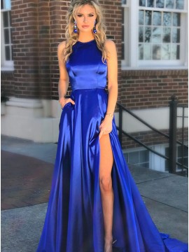 A-Line Crew Sweep Train Royal Blue Prom Dress with Pockets Split