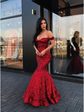 Mermaid Off-the-Shoulder Floor-Length Red Sequined Prom Dress