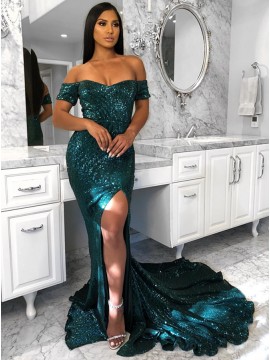Mermaid Off-the-Shoulder Sweep Train Dark Green Prom Dress with Split