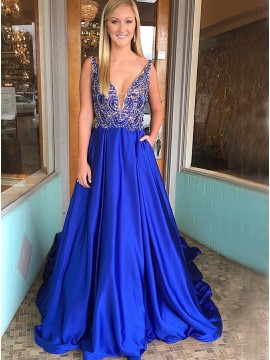 A-Line V-Neck Backless Court Train Royal Blue Beaded Prom Dress with Pockets