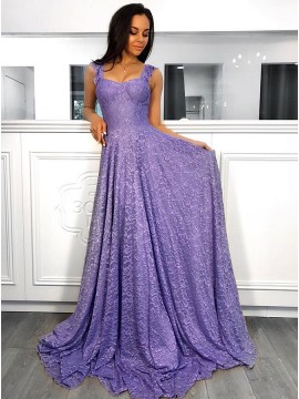 A-Line Straps Sleeveless Sweep Train Lavender Lace Prom Dress