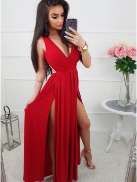 A-Line V-Neck Floor-Length Red Cut Out Prom Dress with Split