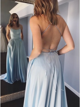 A-Line Spaghetti Straps Backless Sweep Train Light Blue Prom Dress with Pockets