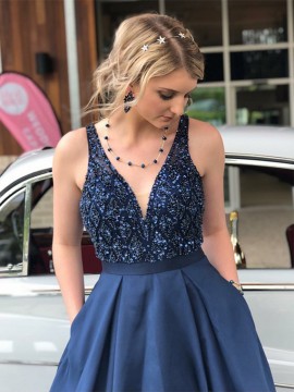 Modest V-Neck Long Navy Blue Prom Dress with Pockets Beading Evening Dress