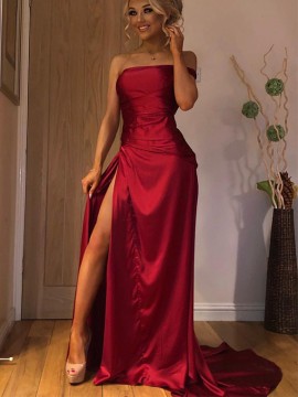 A-Line Dark Red Prom Dress with Split Sleeveless Long Strapless Party Dress