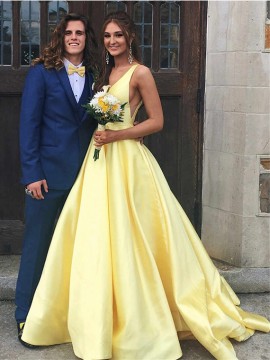 A-Line Daffodil Prom Dress with Pockets V-Neck Sleeveless Long Party Dress