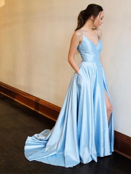 Spaghetti Straps Long Simple Prom Dress with Split Blue Party Dress