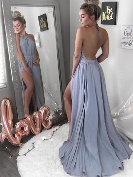 Halter Light Blue Prom Dress with Split Long Sexy Backless Party Dress