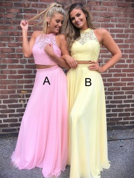 Jewel Pink Two Piece Prom Dress with Lace Long Yellow Party Dress