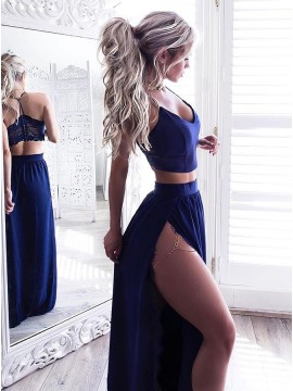 Spaghetti Straps Two Piece Prom Dress Long Blue Party Dress with Lace