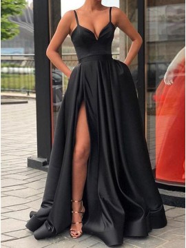 Elegant Black Prom Dress with Split Spaghetti Straps Long Party Dress