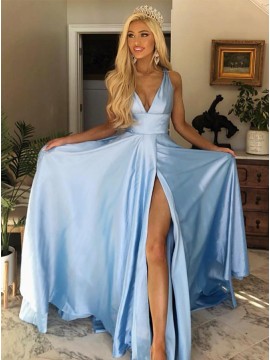 V-Neck Sleeveless Open Back Party Dress Long Blue Prom Dress with Split