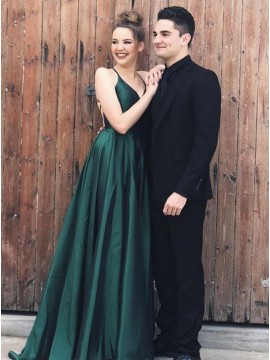 Spaghetti Straps Backless Sleeveless Simple Long Dark Green Prom Dress