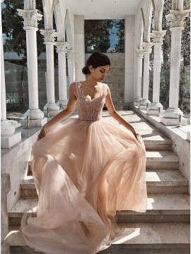 Sparkly Straps Long Prom Dress with Beading Sleeveless Blush Prom Gown