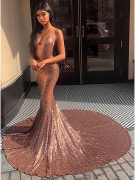 Spaghetti Straps Backless Gold Evening Dress Long Mermaid Prom Dress