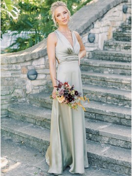 A-Line V-Neck Open Back Long Silver Bridesmaid Dress