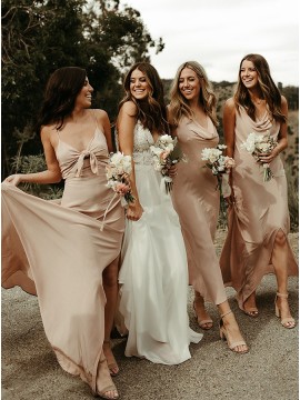 Champagne A-Line V-Neck Sleeveless Long Bridesmaid Dress With Split