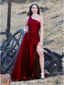 Burgundy Satin Long Prom Dress