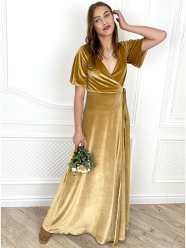Yellow A-Line V-Neck Half Sleeves Long Bridesmaid Dress With Split
