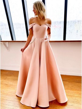 Off the Shoulder Long Prom Dress with Pockets Pink Prom Gown