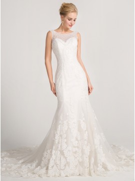 Mermaid Scoop Sleeveless Court Train Wedding Dress with Appliques Beading