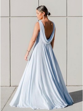 A-Line Jewel Sleeveless Long Bridesmaid Dress With Open Back