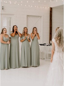 Green A-Line V-Neck Sleeveless Long Bridesmaid Dress