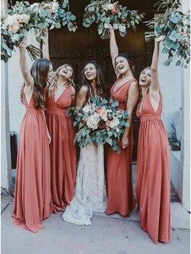 A-Line V-Neck Sleeveless Long Rust Bridesmaid Dress