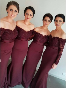 Mermaid Off the Shoulder Long Sleeves Beaded Burgundy Bridesmaid Dress with Lace